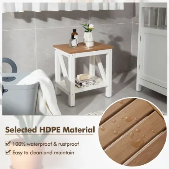Costway 2-Tier Heavy Duty Waterproof HDPE Shower Bench Stool with Bottom Storage Shelf Off  White & Brown image {7}