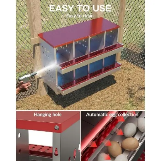 Galvanized Metal 8-Hole Chicken Nesting Box with Egg Tray & Fake Eggs, Rustproof Poultry Laying Box with Perch Rod for Coops image {5}