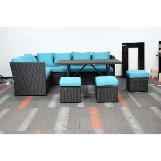 Cesicia 7-Piece Dark Blue Sofa Set, Garden Patio Wicker Sectional Sofa Set with Coffee Table Fit for Both Indoor And Outdoor image {12}