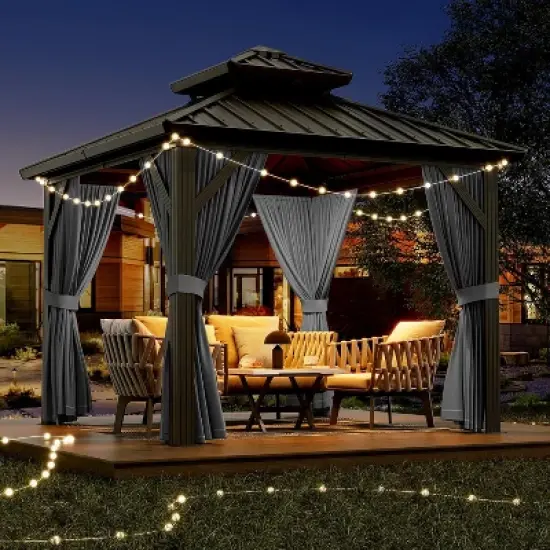Garvee 10'x10' Outdoor Gazebo, Hardtop Double Roof Canopy with Netting and Curtains, Gazebo Galvanized Iron Aluminum Frame Garden Tent(Gray) image {6}