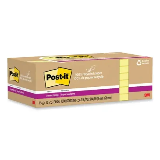 Post-it Notes Super Sticky 100% Recycled Paper Super Sticky Notes, 3" x 3", Canary Yelow, 70 Sheets/Pad, 12 Pads/Pack image {1}
