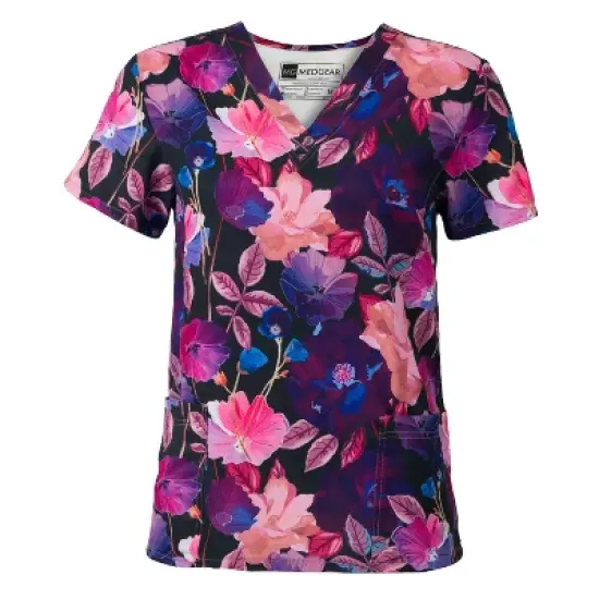 Medgear Women's 2-pocket Scrubs Short Sleeve V-Neck Print Top in 4-way Stretch image {3}