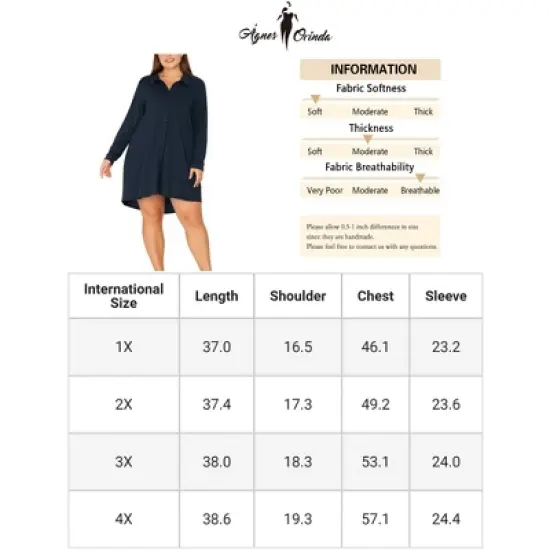 Agnes Orinda Women's Plus Size Solid Long Sleeve Button Down V-Neck Pajama Sleep Shirts image {5}