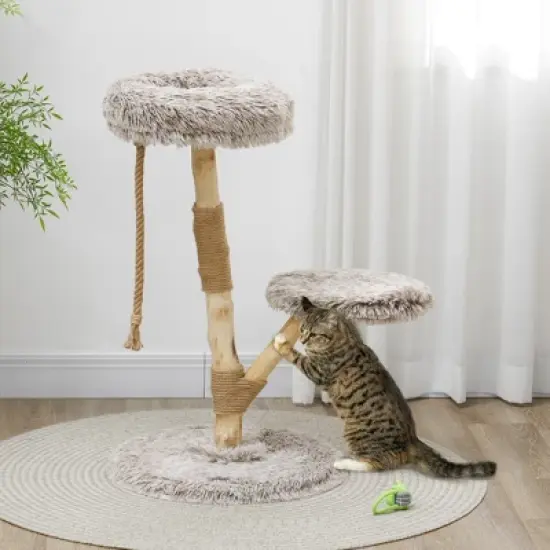 PawHut Cat Tree Tower, 35 Inch Modern Cat Tree for Indoor Adult Cats with Wooden Scratching Posts, Cat Bed & Rope Cat Toy, Brown image {1}
