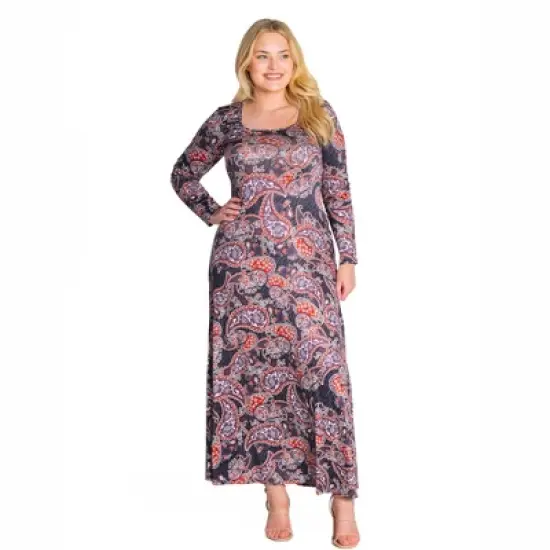 Womens Plus Size Long Sleeve Black Paisley A Line Maxi Dress image {3}