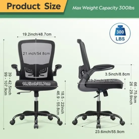 Mesh Office Chair for Home & Gaming with Flip-Up Arms, Adjustable Lumbar Support and Tall Back - Height-Adjustable, Black image {4}