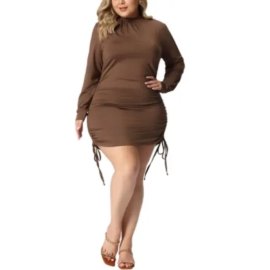 Agnes Orinda Women's Plus Size Bodycon Drawstring Ruched Long Sleeve Party Cocktail Mini Dress image {1}