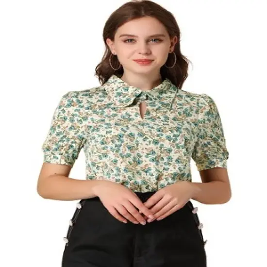 Allegra K Women's Vintage Floral Turndown Collar Split Neck Puff Short Sleeve Chiffon Elegant Blouse image {7}