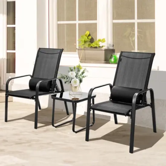 Tangkula 3PCS Patio Adjustable Back Stackable Chairs Side Table Set Bistro Set Classic Furniture Chair Set for Garden Black/Brown/Grey image {1}