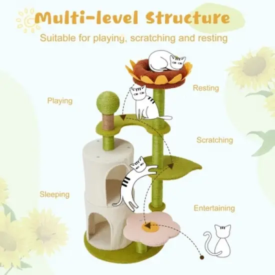 EROMMY 44" Sunflower Cat Tree, Multi-Functional Cozy Cat Tower,Green image {3}
