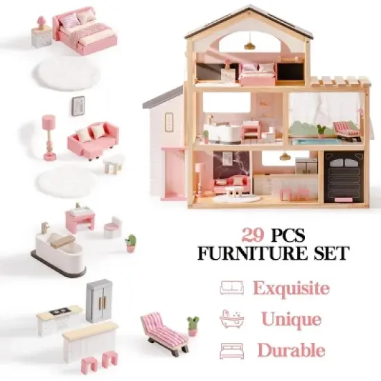 ROBOTIME Dollhouses Wooden Doll House, Toy Furniture Set, Toddler Doll House for 3 Year Old, Kids Doll House ,Girls Gifts, Black, 11.6"*31.5"*27.4" image {5}
