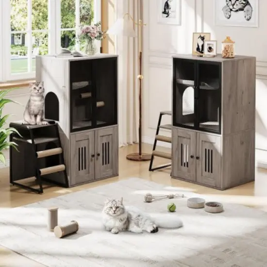 Cat Litter Box Enclosure for 2 Cats and Doors,Double Cat House with Storage Space,Enclosed Litter Box Furniture with Ladder image {7}