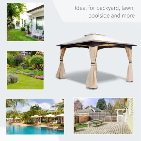 DOMETOUR 10' x 12' Outdoor Gazebo with Netting, Curtains, 2-Tier Roof, Steel Frame for Patio, Lawn, Garden, Backyard, Deck image {2}