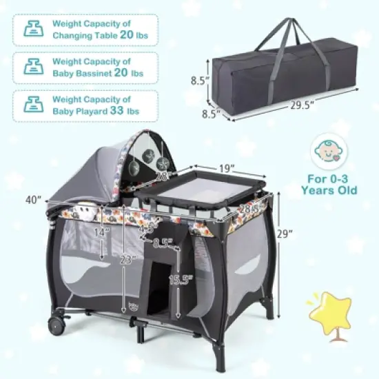 Infans 4 in 1 Portable Baby Playard w/Bassinet, Changing Table, Lockable Wheel, Foldable Travel Baby Crib Nursery Center, Gray, Elephant image {5}