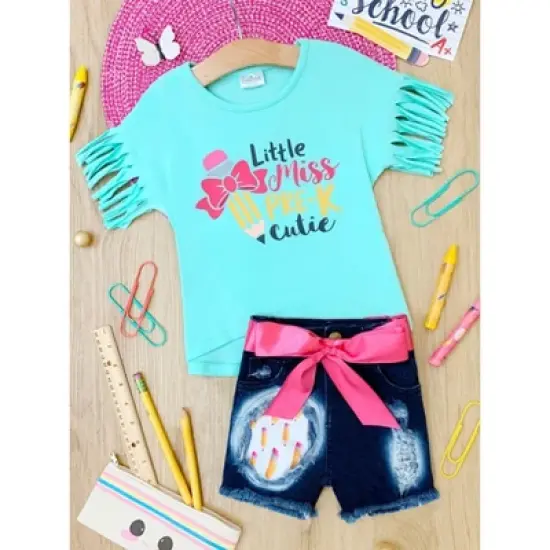 Girls Little Miss Pre-K Cutie Patched Denim Short Set - Mia Belle Girls image {2}