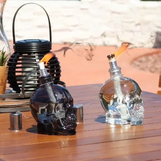 Sunnydaze Grinning Skull Glass Tabletop Torches - Clear and Black image {4}