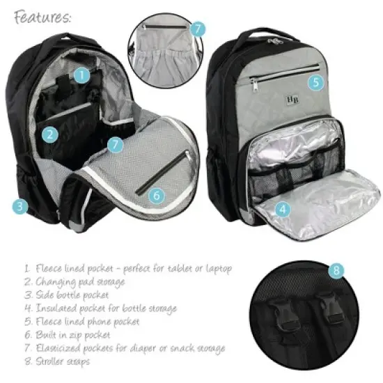 Hudson Baby Premium Diaper Bag Backpack and Changing Pad, Black Gray, One Size image {3}