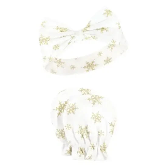 Hudson Baby Infant Girl Cotton Headband and Scratch Mitten Set, Fancy Plaid Snowflake, 0-6 Months image {3}