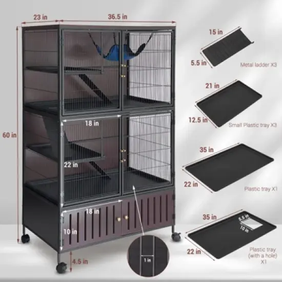 60" 5-Tier Ferret Cage, Multi-Level Chinchilla Cage with Lockable Doors, Ramps, Hammock, Wheels, Storage Cabinet, Small Animal Habitat image {1}
