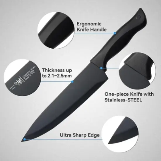 Itopfox 15-Piece Kitchen Knife Set with Block, Self-Sharpening, Dishwasher Safe, Anti-Slip Handle, Black image {2}