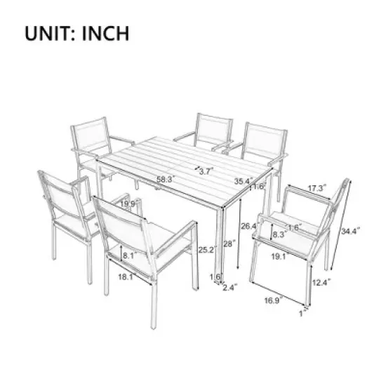 7-Piece Outdoor Patio Steel Dining Set with Rectangular Table and 6 Textile Armchairs image {13}