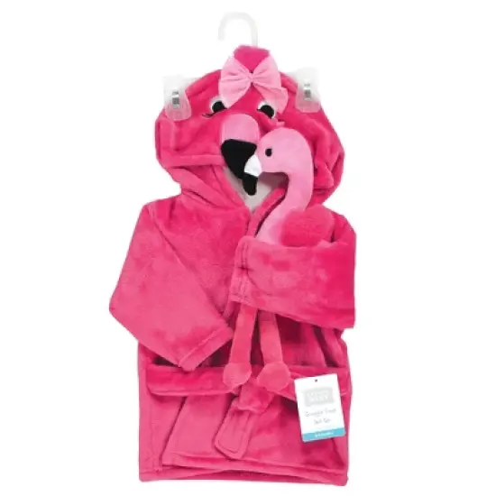 Hudson Baby Infant Girl Plush Bathrobe and Toy Set, Flamingo, One Size image {1}