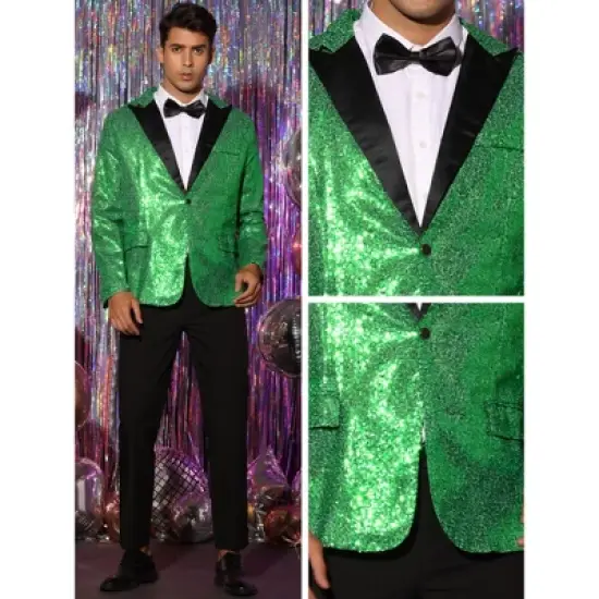 Lars Amadeus Men's Peak Lapel Color Block Shiny Sparkle Sequin Blazer image {3}