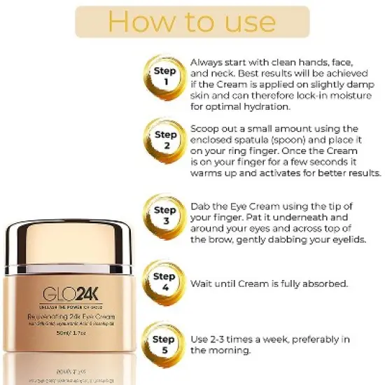 GLO24K Eye Cream with 24k Gold, Hyaluronic Acid, Rosehip Oil, And Vitamins For Minimizing Wrinkles & Fine-Lines Around The Eyes image {3}