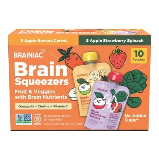 Brainiac Kids Brain Squeezers Applesauce Pouches Fruit and Veggie Variety Pack Apple Banana Carrot & Apple Strawberry Spinach - 3.2oz/10ct image {11}