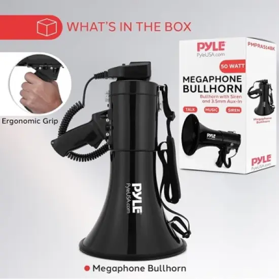 Pyle Portable Bullhorn Megaphone with Built-In Siren and MP3 Input - PMPRA514BK, 50-Watt image {6}