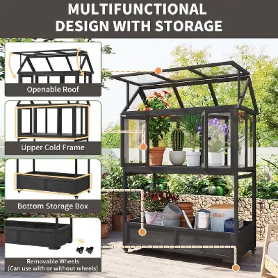 69.3" Wooden Greenhouse for Outdoors, Portable Cold Frame Plant House with Openable Roof & Wheel, Movable Mini Greenhouse for Garden Backyard image {1}