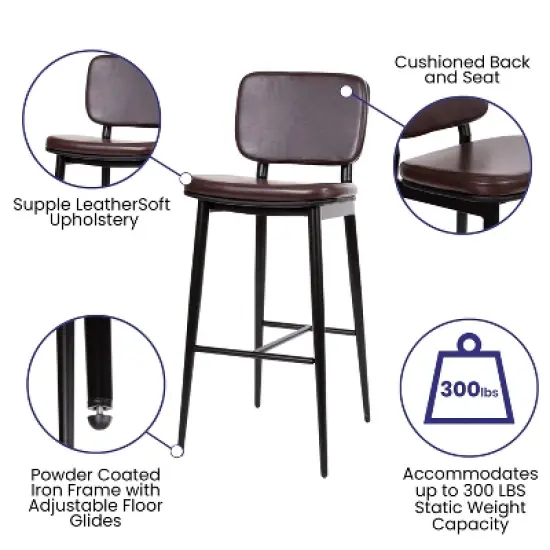 Flash Furniture Kenzie Commercial Grade Mid-Back Barstools - LeatherSoft Upholstery - Iron Frame with Integrated Footrest - Set of 2 image {5}