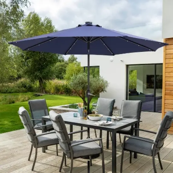 9' x 9' Solar LED Patio Umbrella with Tilt Adjustment and Crank Lift Navy - Wellfor image {10}