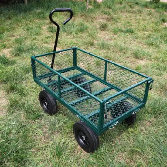 FURNIinspire Wheelbarrows And Lawn Carts Solid Wheels Tools Cart Wagon Cart, Metal Lawn Cart For Picnic, Shopping, Green, 37&ldquo;*19"*45" image {1}