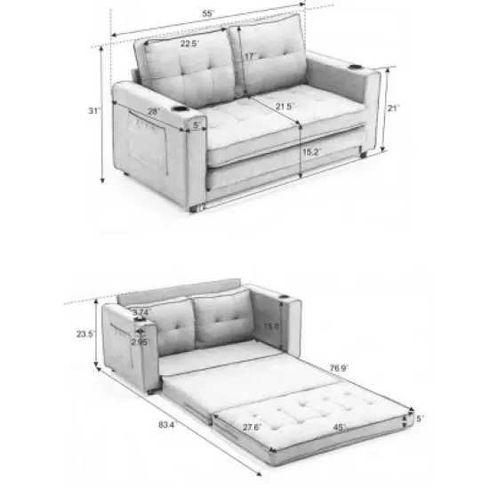 Folding Sofa Bed With Two Storage Pockets,Linen Convertible Foldable Couch Bed,Loveseat Sleeper Sofa,Couches For Living Room,Apartment-Cuddlewood image {3}