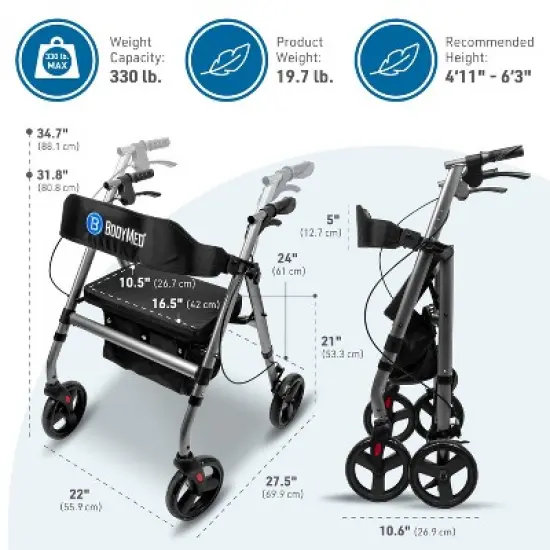BodyMed Rollator with 8 in. Wheels - Adjustable Padded Seat, Dual Brake System, Compact Folding Design, Suitable for Most Terrains - Mobility Aid for image {2}