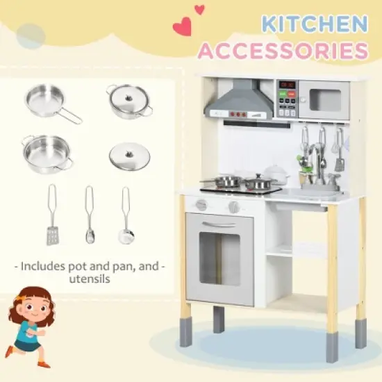 Qaba Wooden Play Kitchen with Realistic Lights and Sounds, Height-Adjustable Kids Kitchen Playset with Microwave, Range Hood, White image {4}