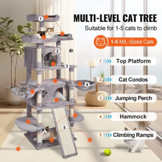 VEVOR Cat Tree for Indoor Cats, 68.5" Cat Tower with 2 Cat Condos, Sisal Scratching Post, Hammocks, Top Perches, Cat Furniture Activity Center image {2}