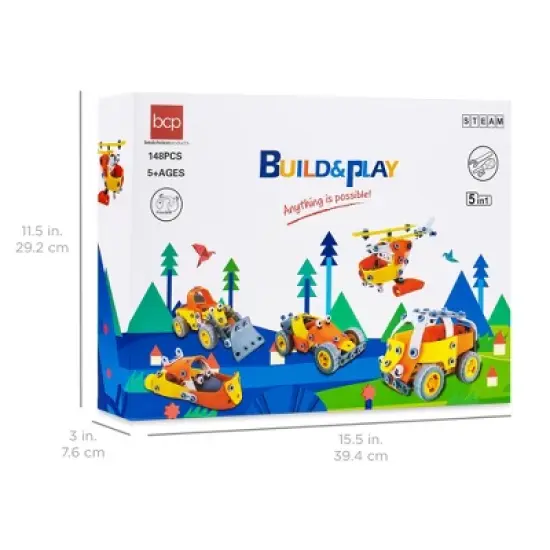 Best Choice Products Kids 147-Piece 5-in-1 Educational STEM Building Toy Kit w/ Car, Helicopter, Boat, Bulldozer, Truck image {5}