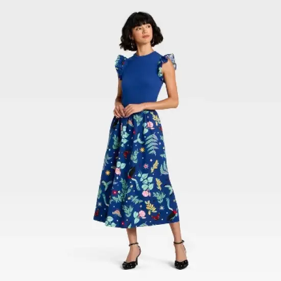 Latino Heritage Month Women's Ruffle Sleeve Midi A-Line Dress - Dark Blue Floral image {2}