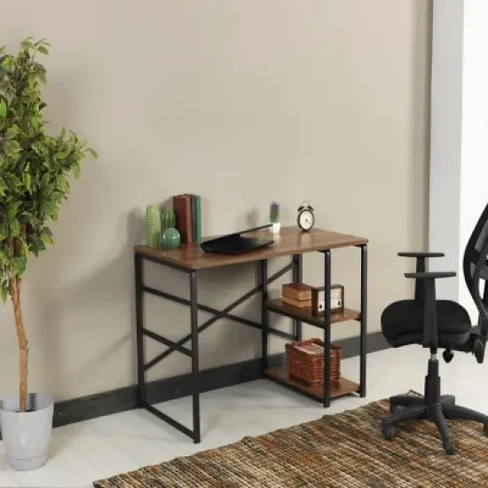 GlasFlength Desks Metal Frame 2 Shelves Computer Desk Gaming Desk Home Office Desk Simple Design for Small Spaces, Brown, 25"*47"*28" image {3}