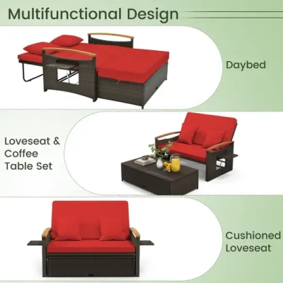 Tangkula Patio Rattan Daybed Set w/ Cushioned Loveseat & Storage Ottoman image {4}