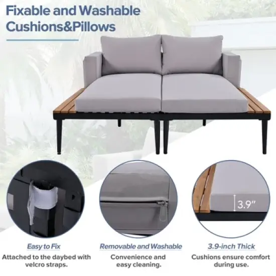 Gulches Modern Outdoor Daybed Patio Metal Daybed with Wood Topped Side Spaces for Drinks, 2 in 1 Padded Chaise Lounges for Poolside, Balcony, Gray image {6}