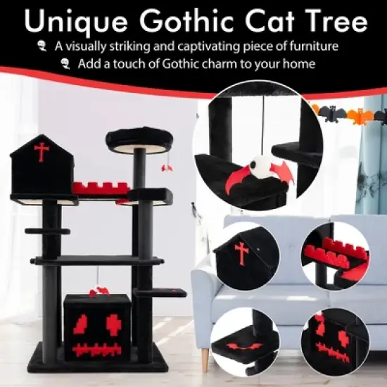 Tangkula Gothic Cat Tree 49" Tall Cat Tower w/ Coffin Bed & 2 Condos & Cozy Perch image {7}