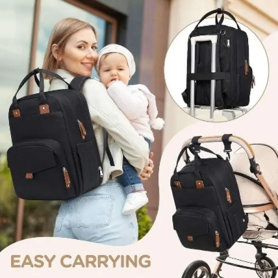 Itopfox Expandable Diaper Backpack for Twins, Dual Compartments, Includes Changing Pad & Stroller Straps, Unisex Black, 26-36L image {2}
