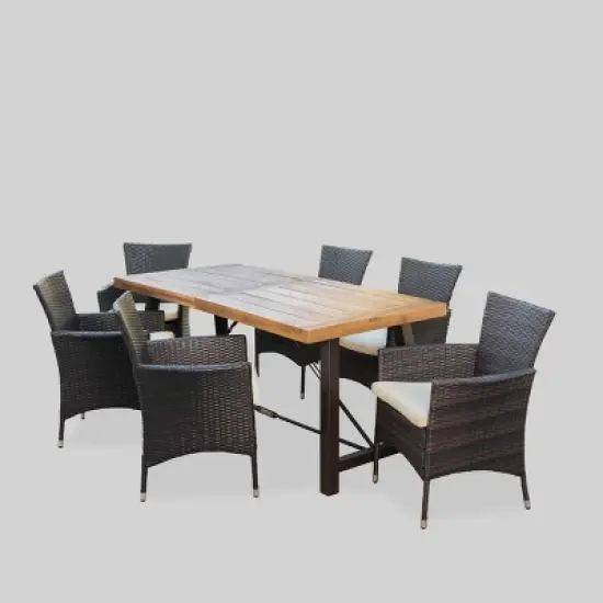 Torrens 7pc Acacia Wood/Wicker Patio Dining Set - Brown - Christopher Knight Home image {1}