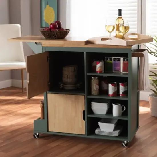 Dorthy Two-Tone Wood Kitchen Cart Green/Natural - Baxton Studio image {13}