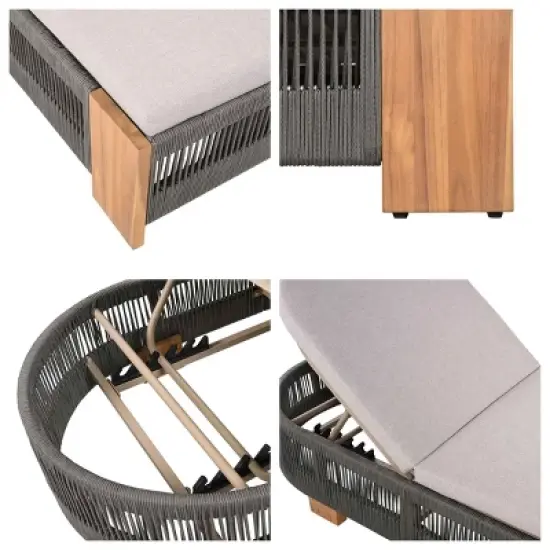 Set of 4 Outdoor Acacia Wood Chaise Lounge with Adjustable Backrest, Rope Accent Pool Lounge Chair, Waterproof Cushion Garden Lounger-Coolbibila image {6}