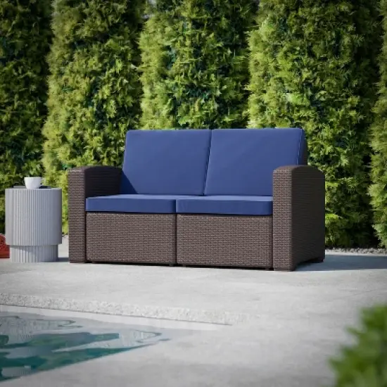 Flash Furniture Seneca Faux Rattan Loveseat with All-Weather Cushions image {1}