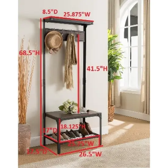 Kings Brand Furniture 3-in-1 Hall Tree with Coat Rack, Shoe Bench & Storage Shelf &ndash; Entryway Organizer with 9 Hooks, Black/Walnut, Easy Assembly image {3}